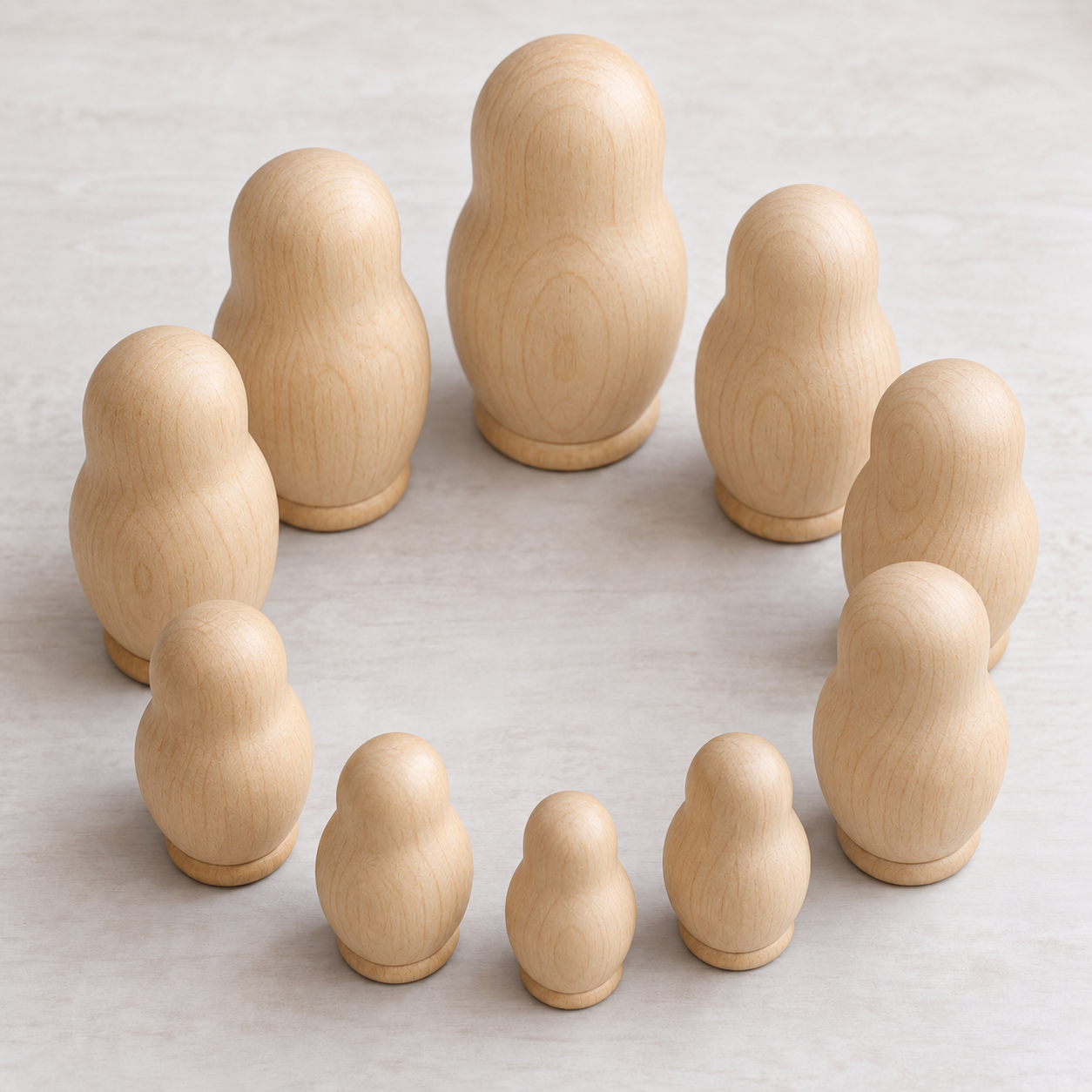 Plain wooden Russian dolls of different sizes standing in a circle