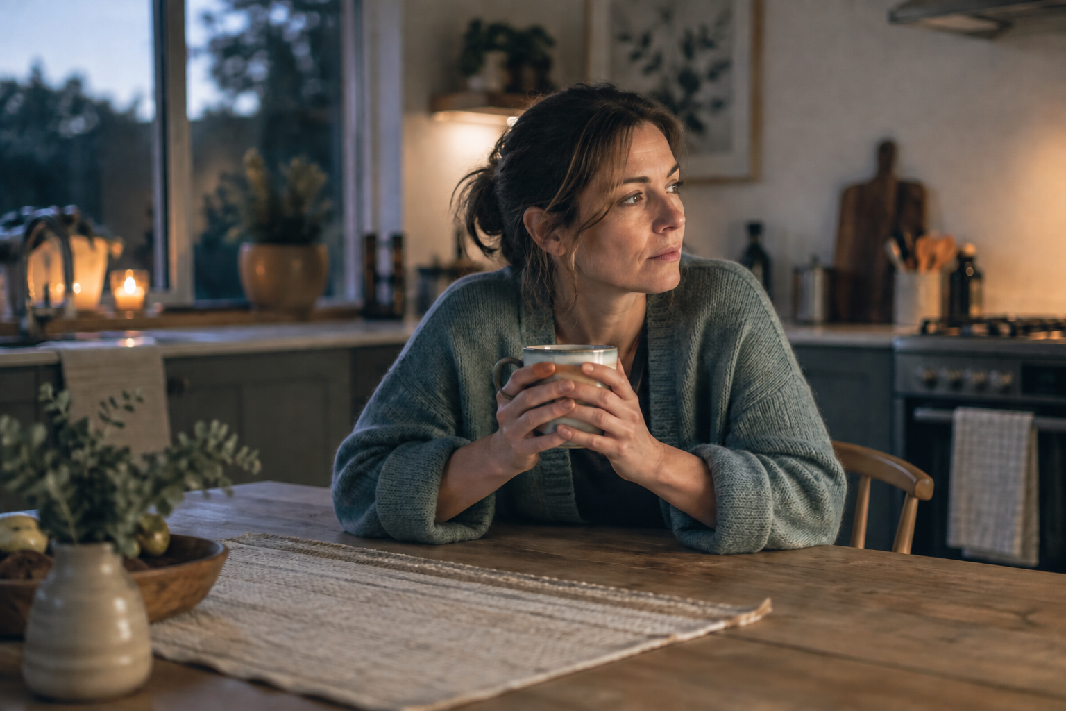 A tired woman reflecting quietly at her kitchen table with a warm mug