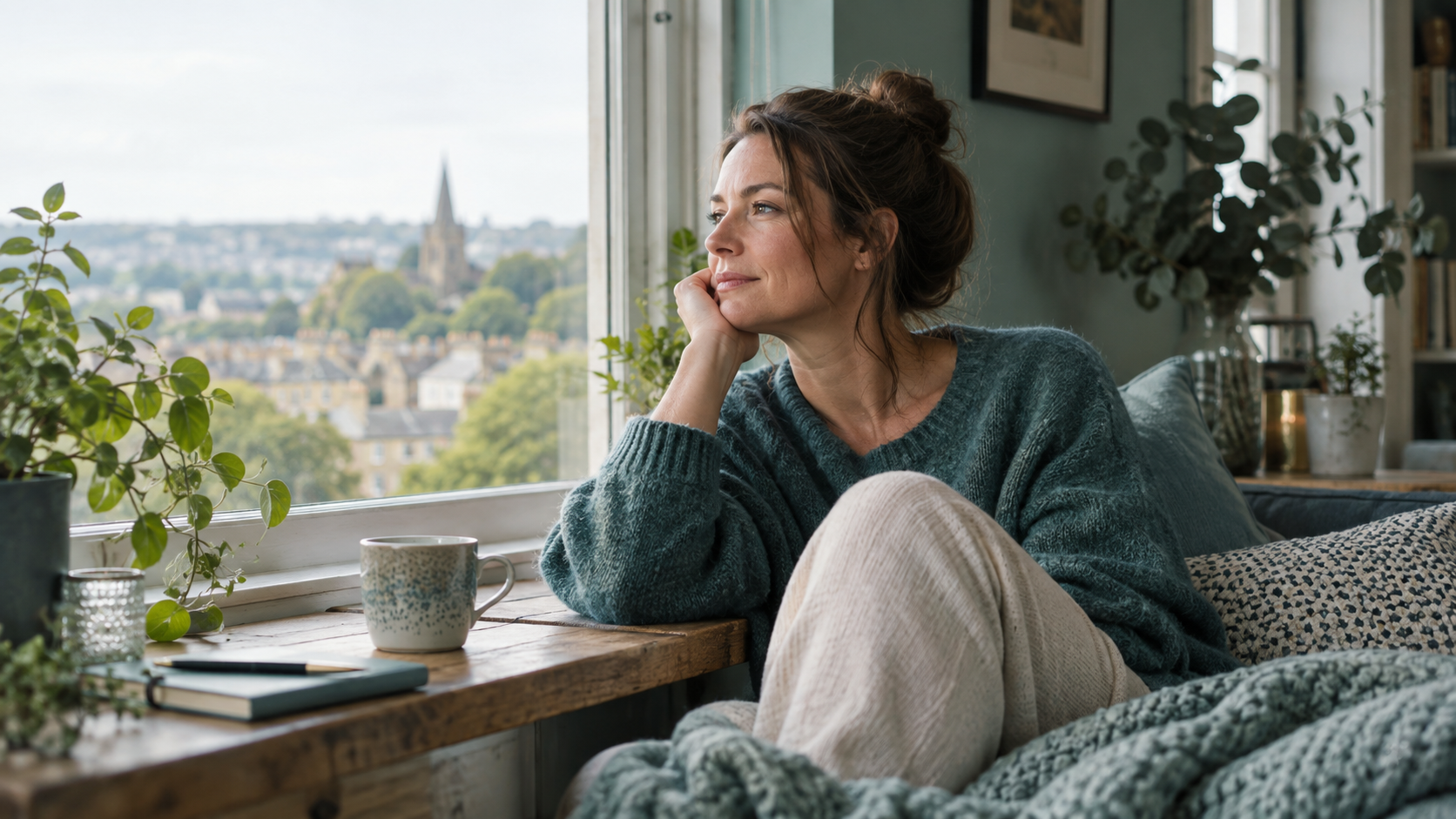 A woman sitting thoughtfully beside a window with a warm drink