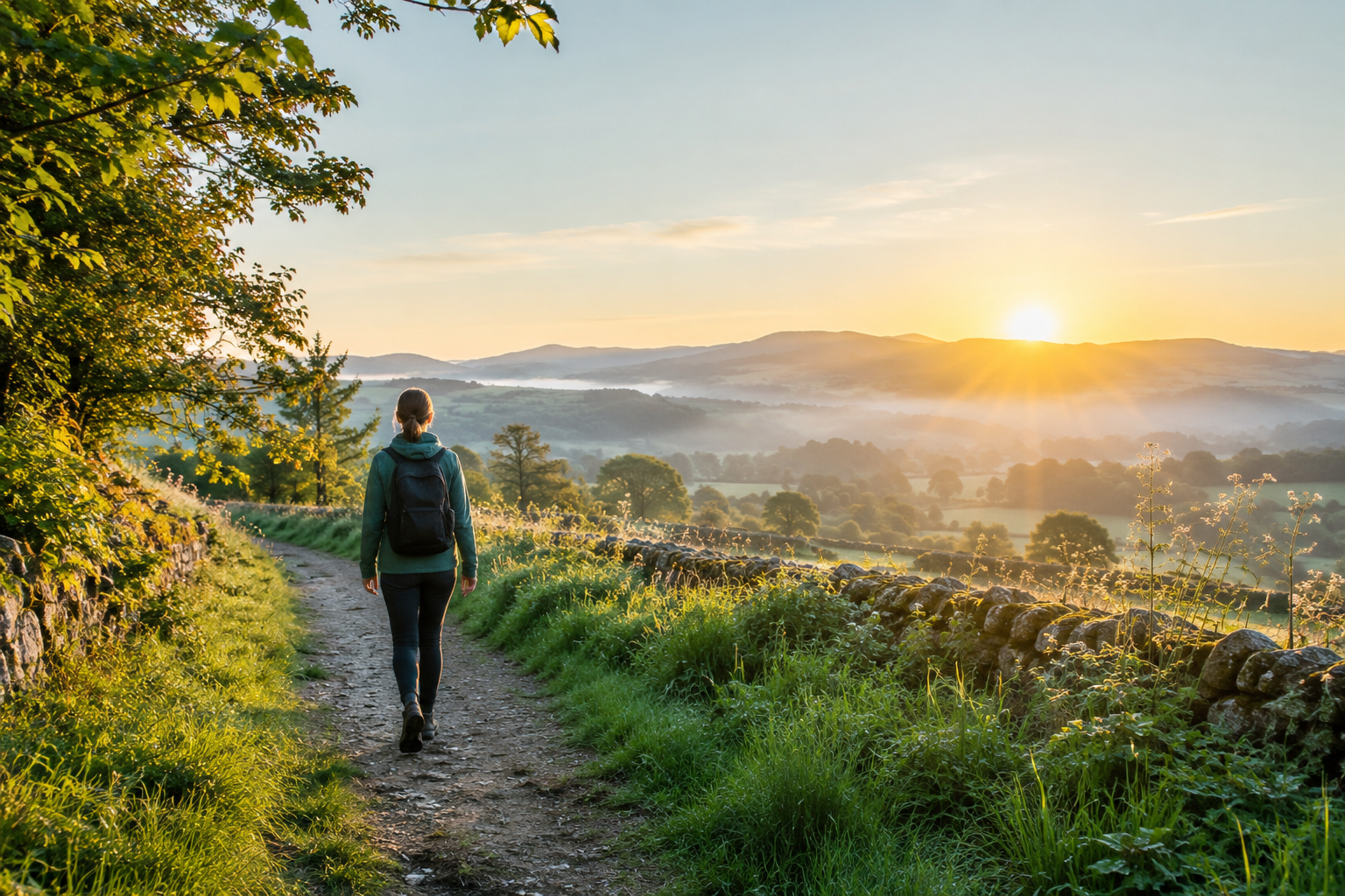 A person walking along a peaceful green path towards the morning light