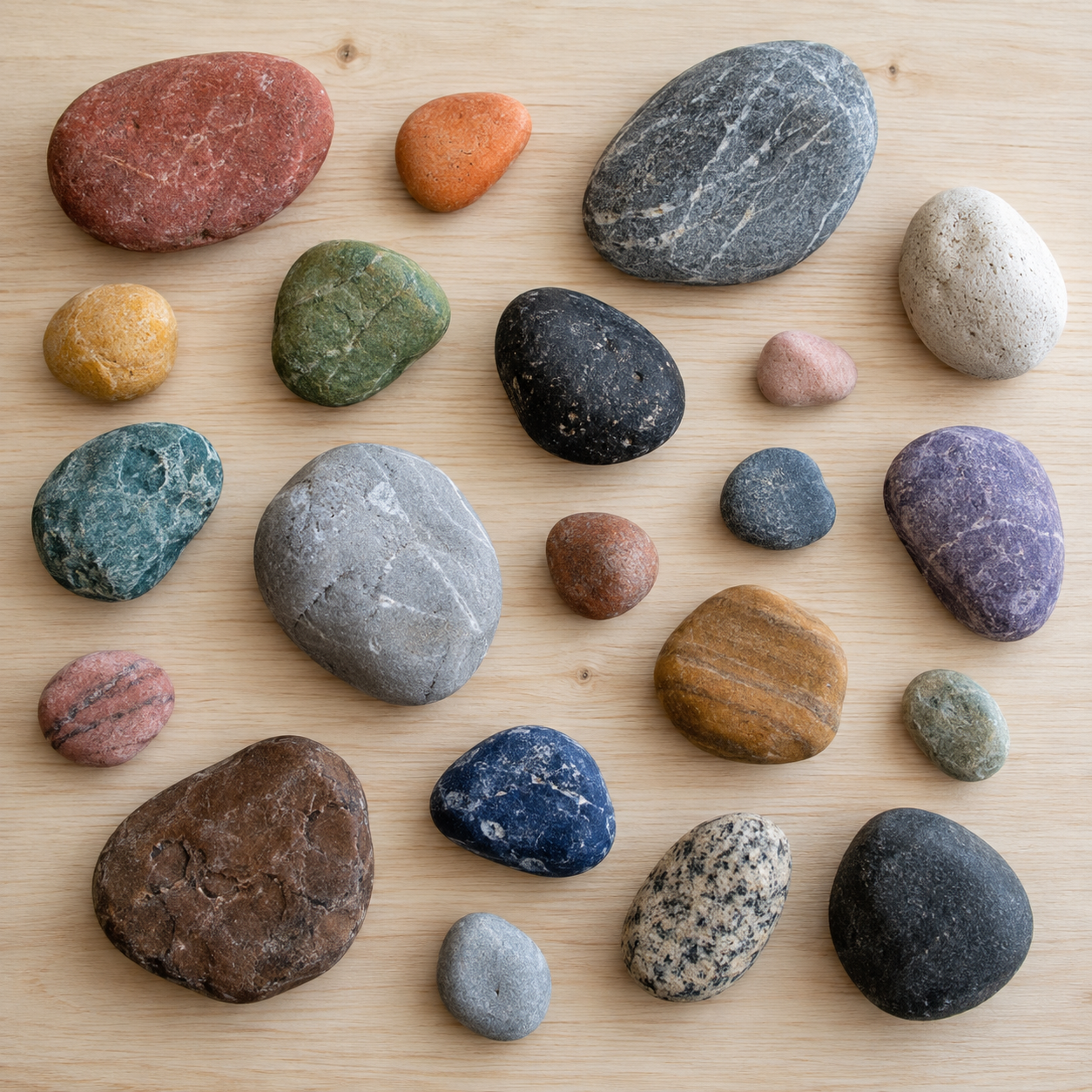 Different coloured and sized stones scattered across a wooden table