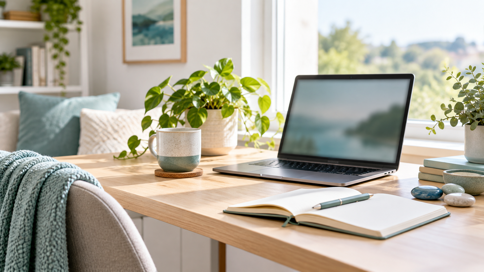 A bright home workspace with a laptop, notebook, plant and reflective stones